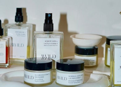 Awild Facial Studio Canggu's skincare collection in Bali, Bali, ID. Premium oils and creams on display.