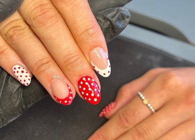 Red and white polka dot manicure at Emily ~ Janes, Doncaster, England, GB.