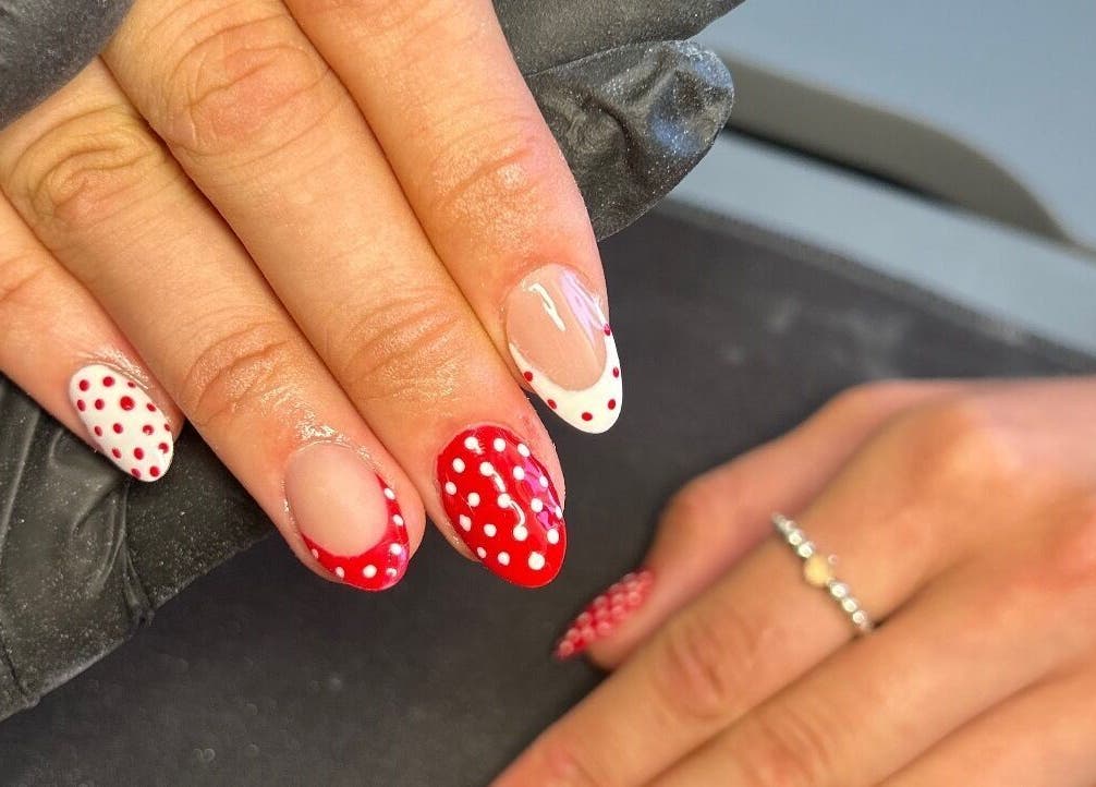Red and white polka dot manicure at Emily ~ Janes, Doncaster, England, GB.