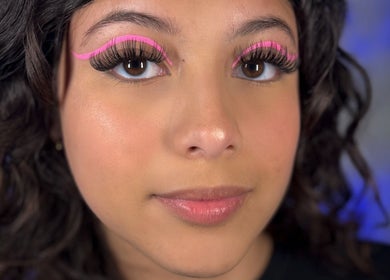 Close-up of colorful eyelash art at Luminous Sky Artistry, Sarasota, Florida, US.