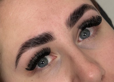 Close-up of expertly done eyelashes and eyebrows at By Lottie, Wellingborough, England, GB.