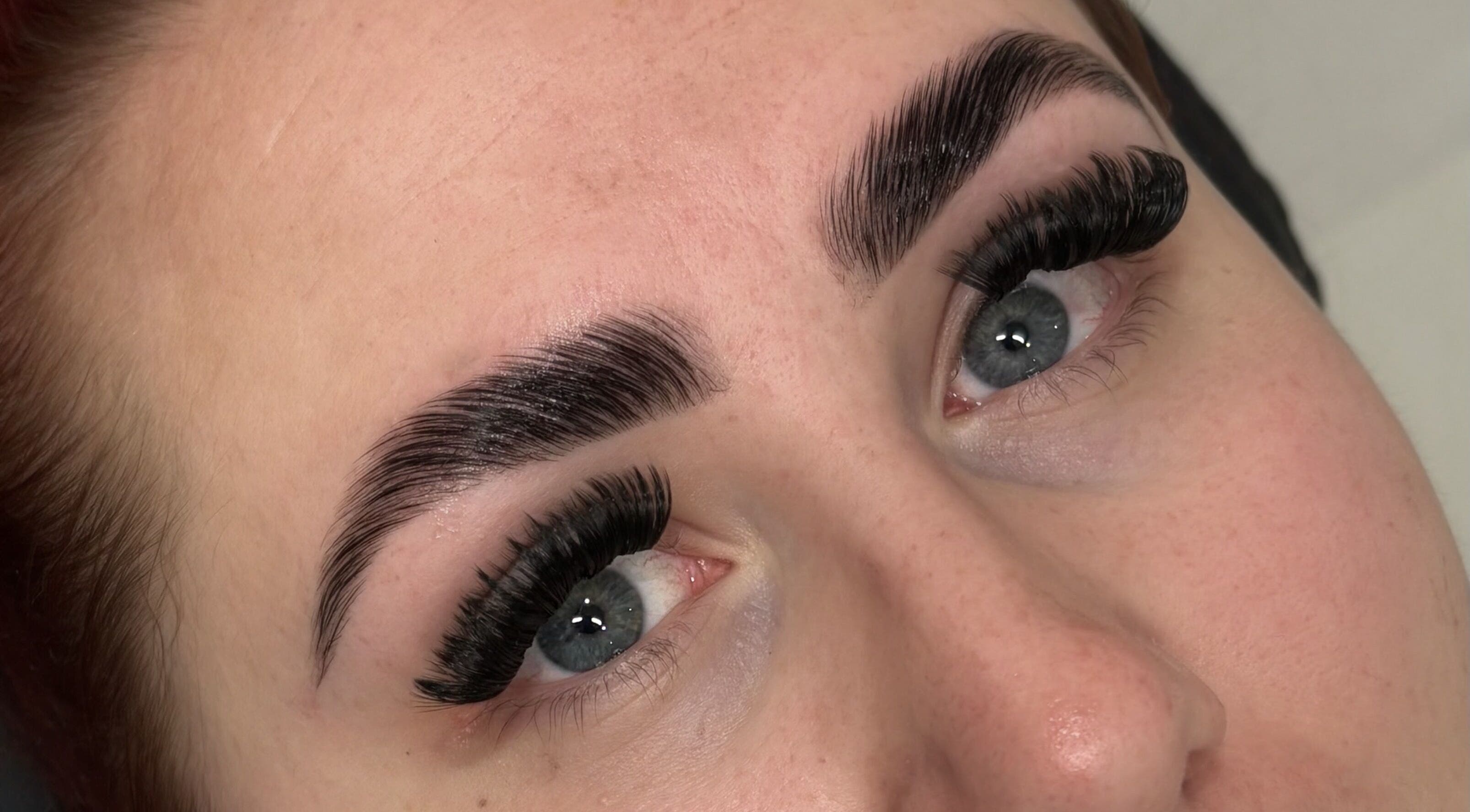 Close-up of styled eyebrows and lashes at By Lottie, Wellingborough, England, GB.