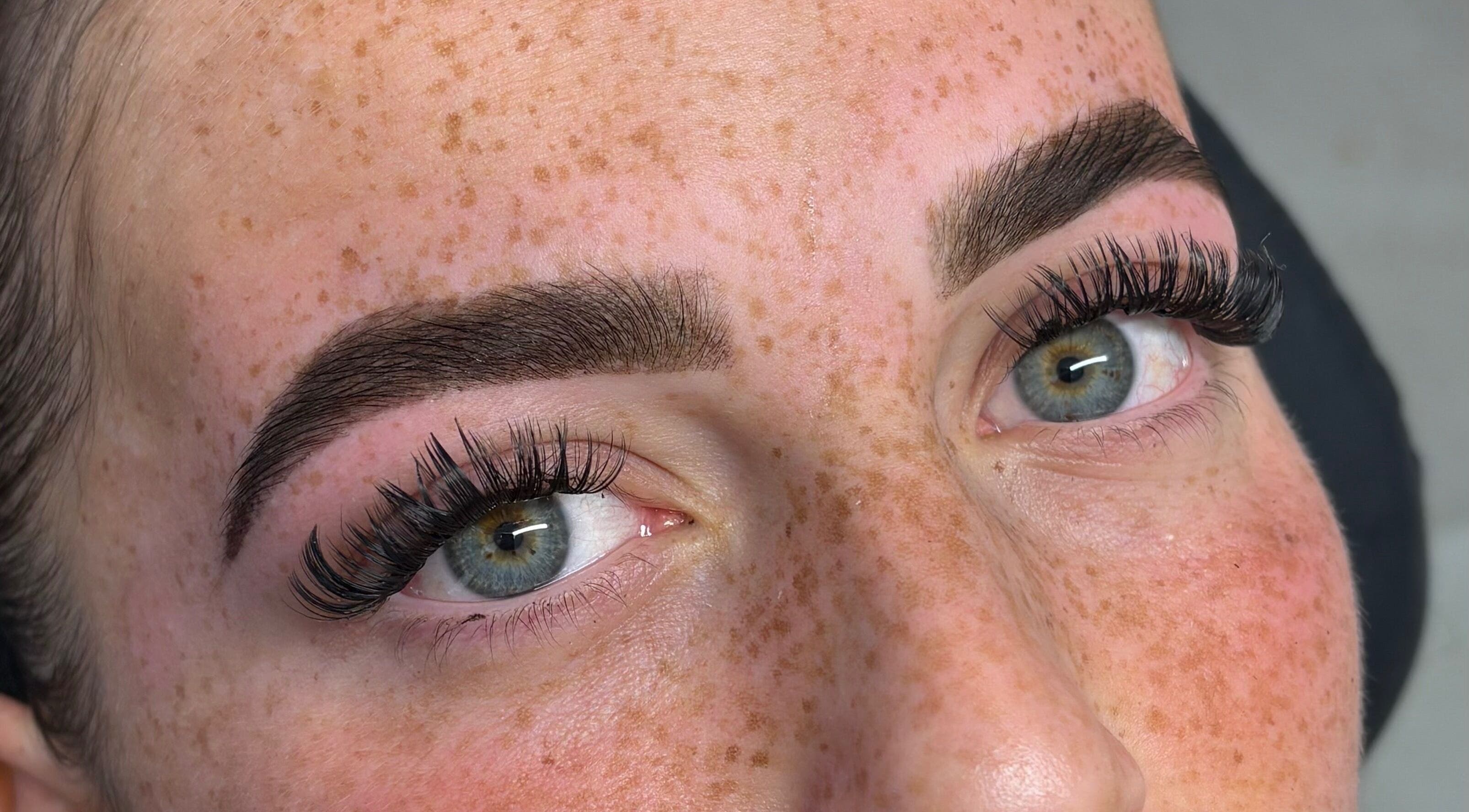 Close-up of perfectly shaped brows and lashes at By Lottie, Wellingborough, England, GB.