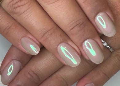 Close-up of glowing nail art at Miso Nail Studio, North Rocks, New South Wales, AU.