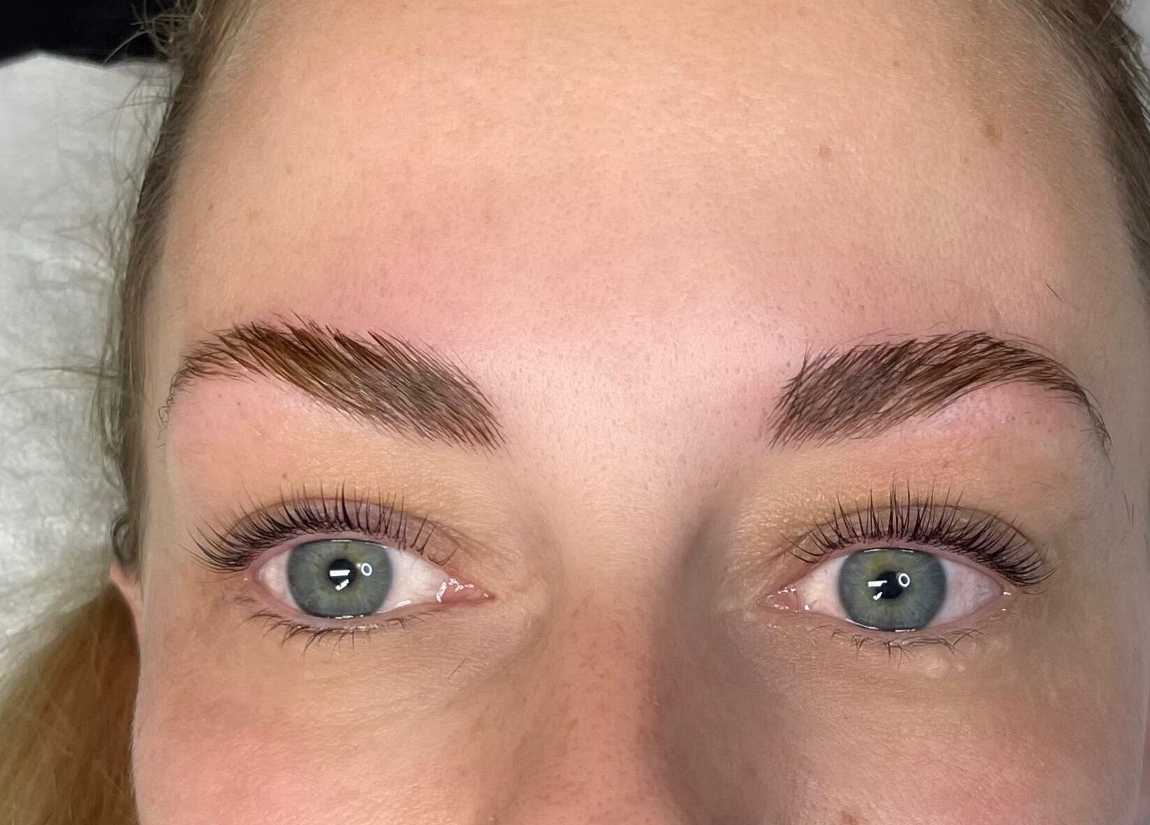 Close-up of expertly styled brows and lashes at Sass Lash Infusion, Cochrane, Alberta, CA.