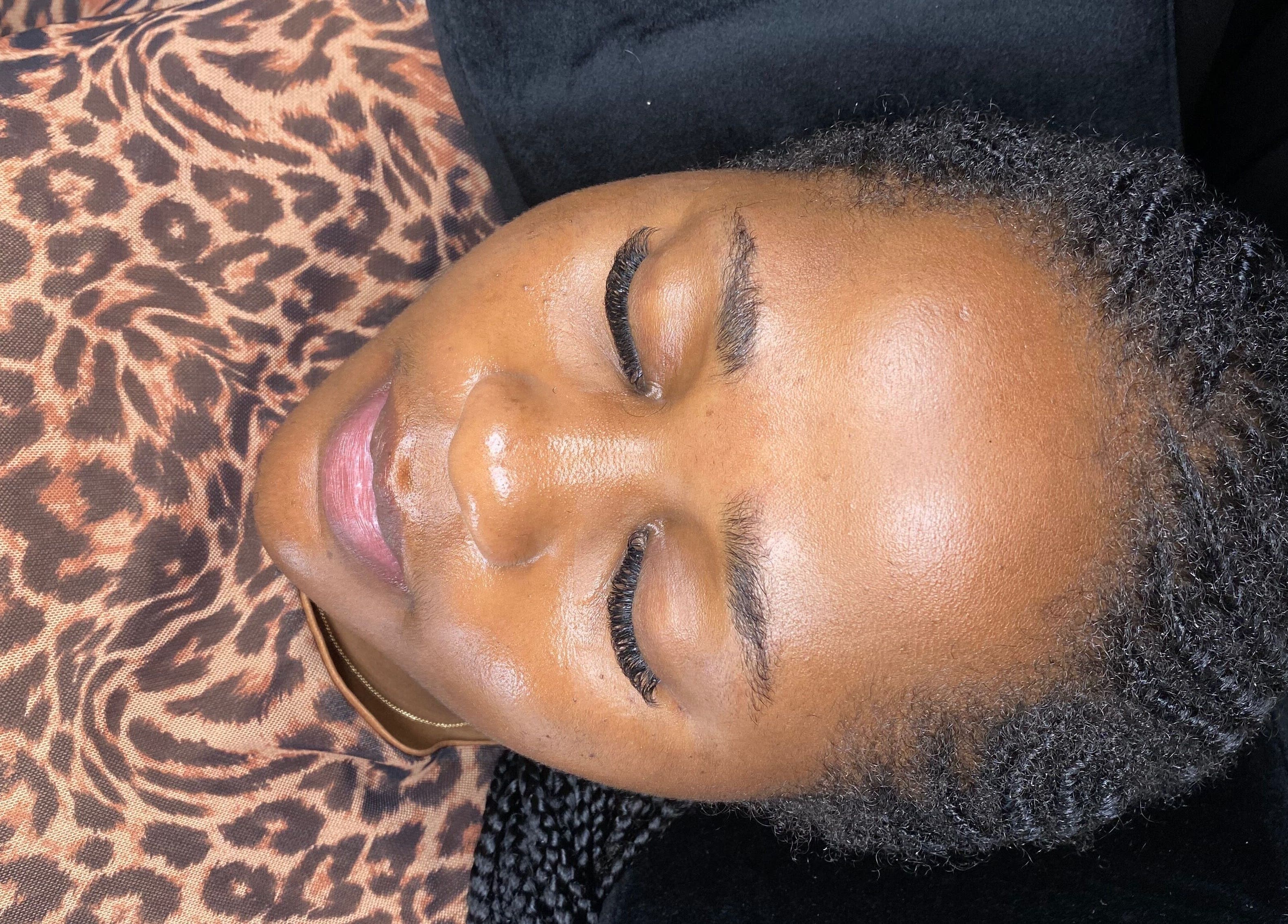 Client with beautiful eyelash extensions at Lashesbymisspee, Cape Town, Western Cape, ZA, resting peacefully.