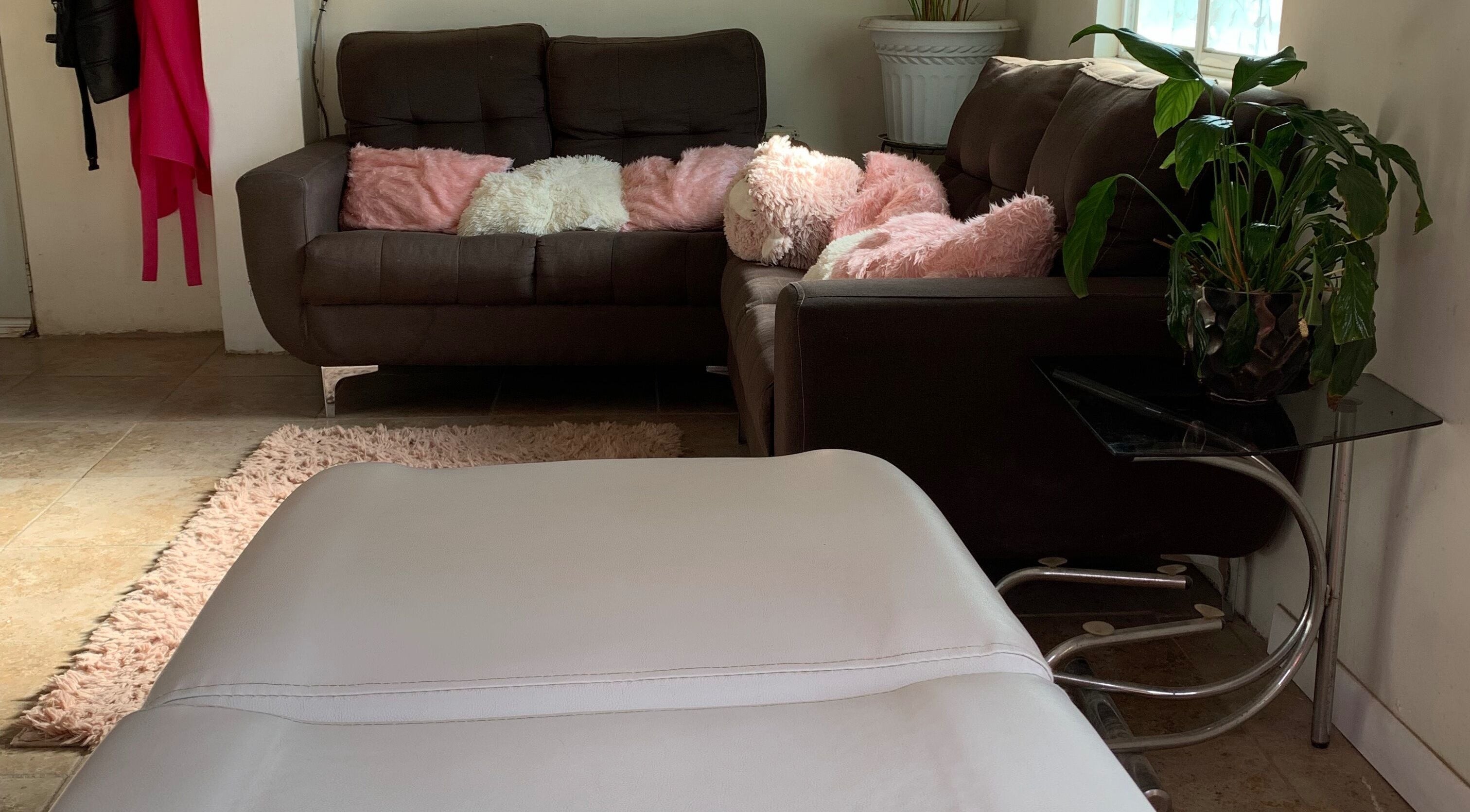 Elegante sala de espera en Studio SM, Chihuahua, Chihuahua, MX, con sofá y almohadas rosadas.