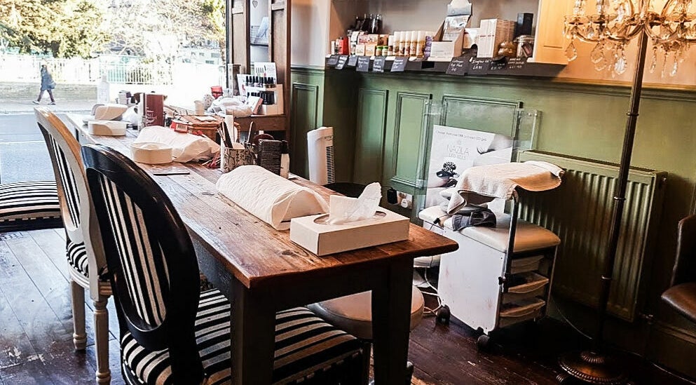 Elegant beauty station at Chantelle and Lewis Beauty, London, England, GB, with chic decor.