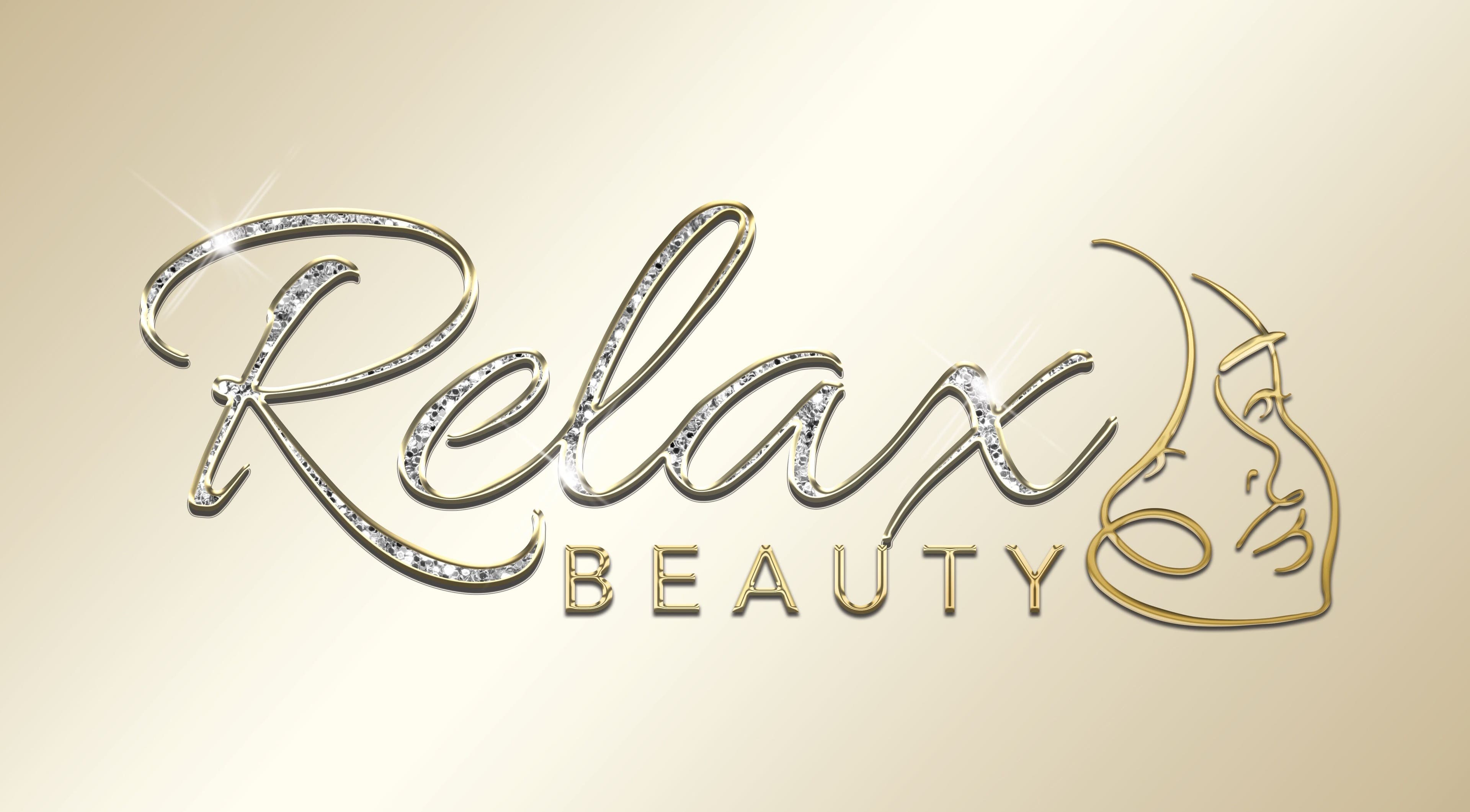 Elegant Relax Beauty logo in Shirley, England, GB with shimmering script and profile silhouette.