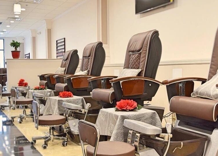 Modern pedicure chairs at Mani Nails & Spa in Bethel Park, Pennsylvania, US. Elegant and inviting atmosphere.