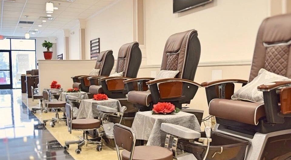 Modern pedicure chairs at Mani Nails & Spa in Bethel Park, Pennsylvania, US. Elegant and inviting atmosphere.