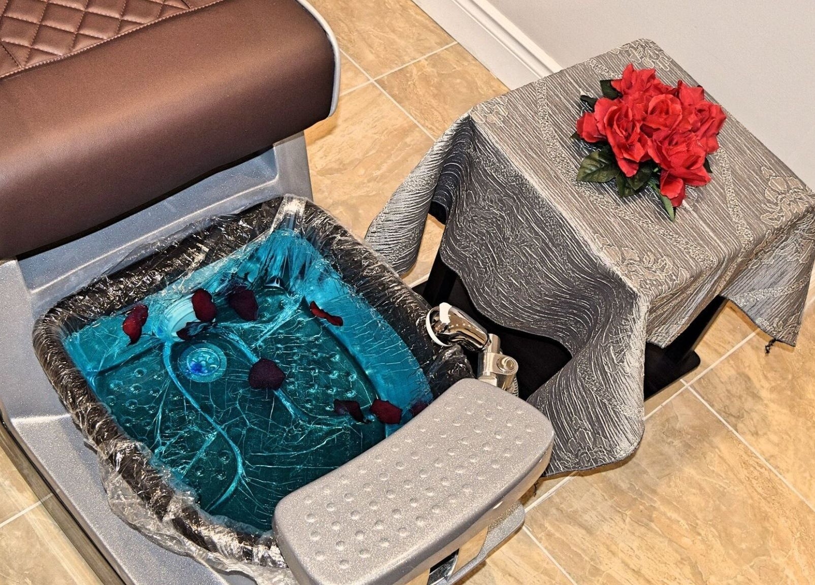 Luxurious pedicure station at Mani Nails & Spa, Bethel Park, Pennsylvania, US with a relaxing water basin.