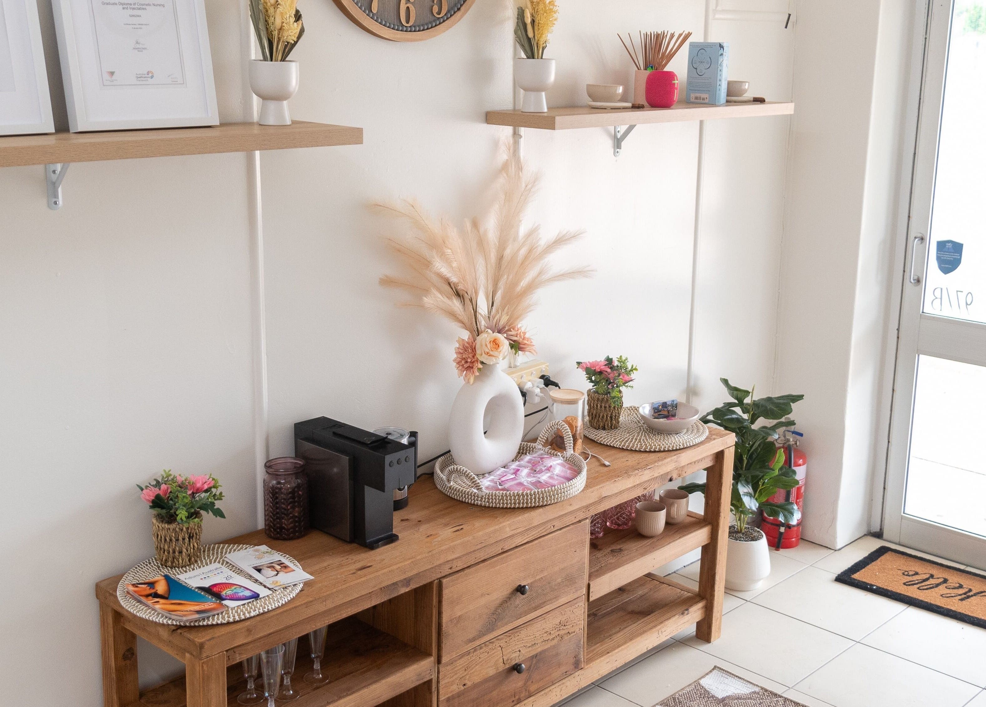 Entrance of Refresh and Reveal Cosmetic Skin Clinic- Chinchilla, featuring wood decor in Chinchilla, Queensland, AU.
