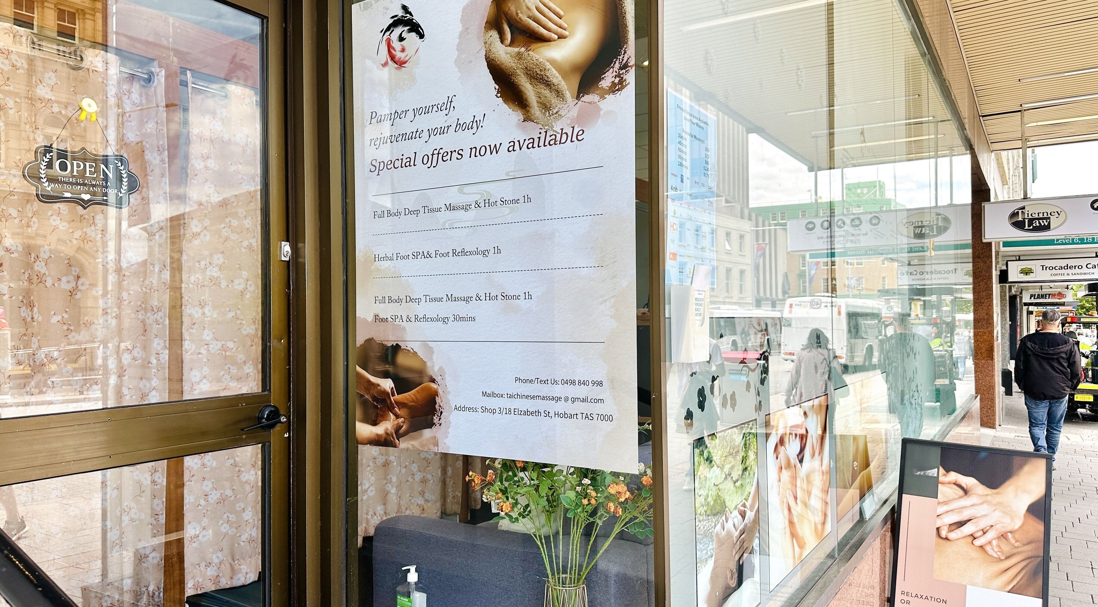 Tai Chinese Traditional Massage storefront in Hobart, Tasmania, AU, showcasing special offers and inviting ambiance.