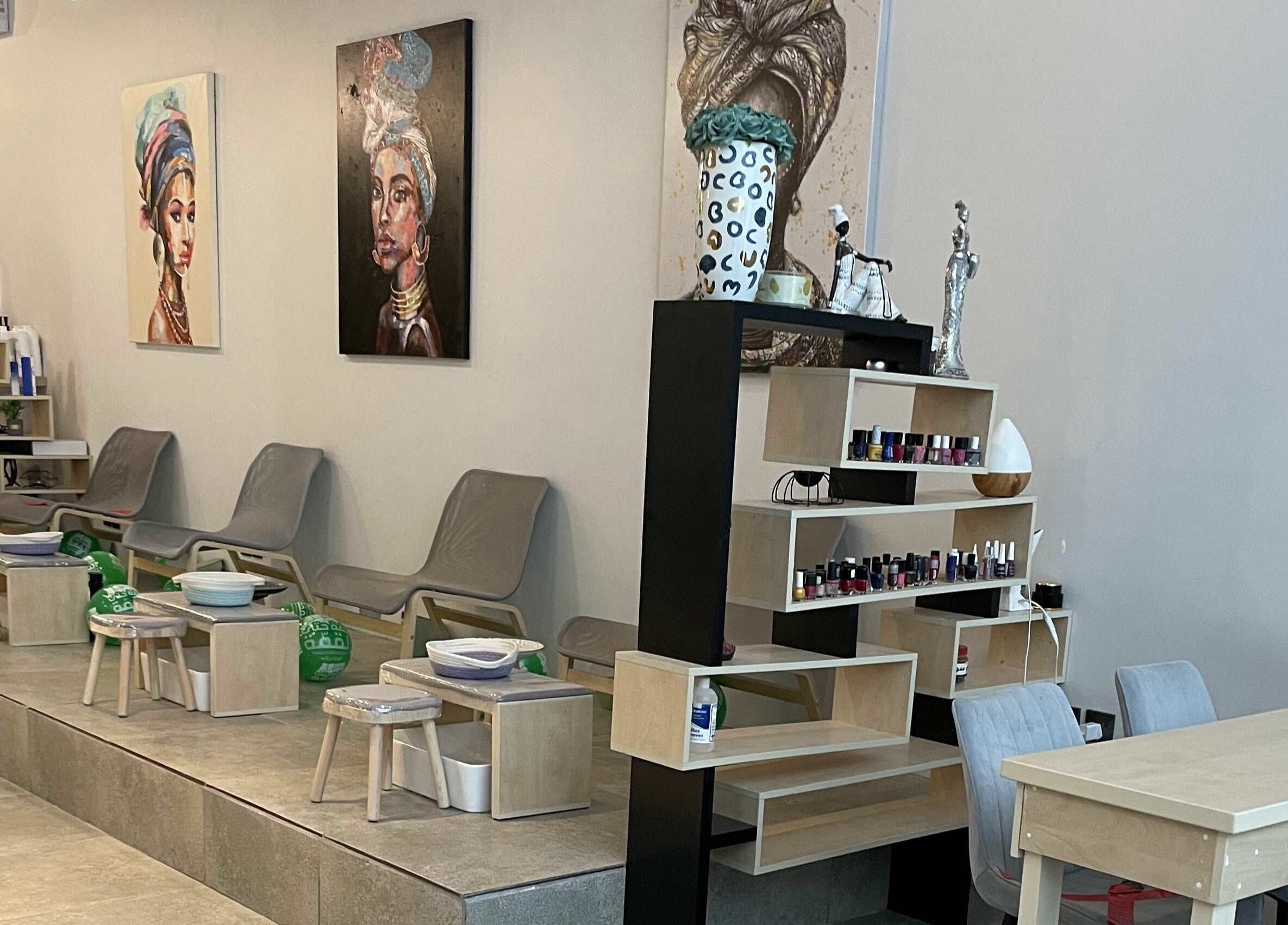 Chic nail salon at The Golden Hour, Riyadh with art decor and cozy seating, Riyadh Province, SA.