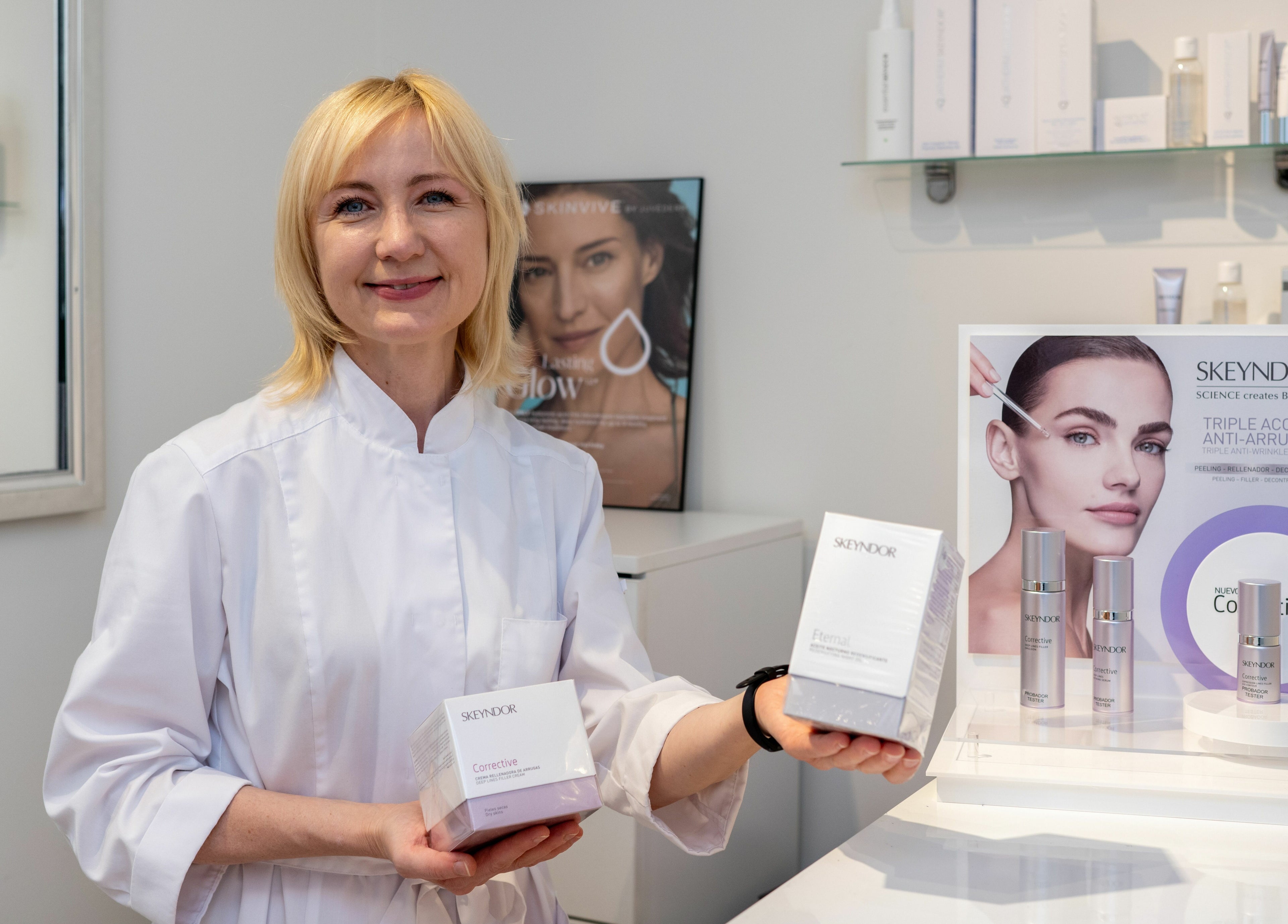 Staff at MedVSpa in Toronto, Ontario, CA proudly showcasing premium skincare products in a serene setting.