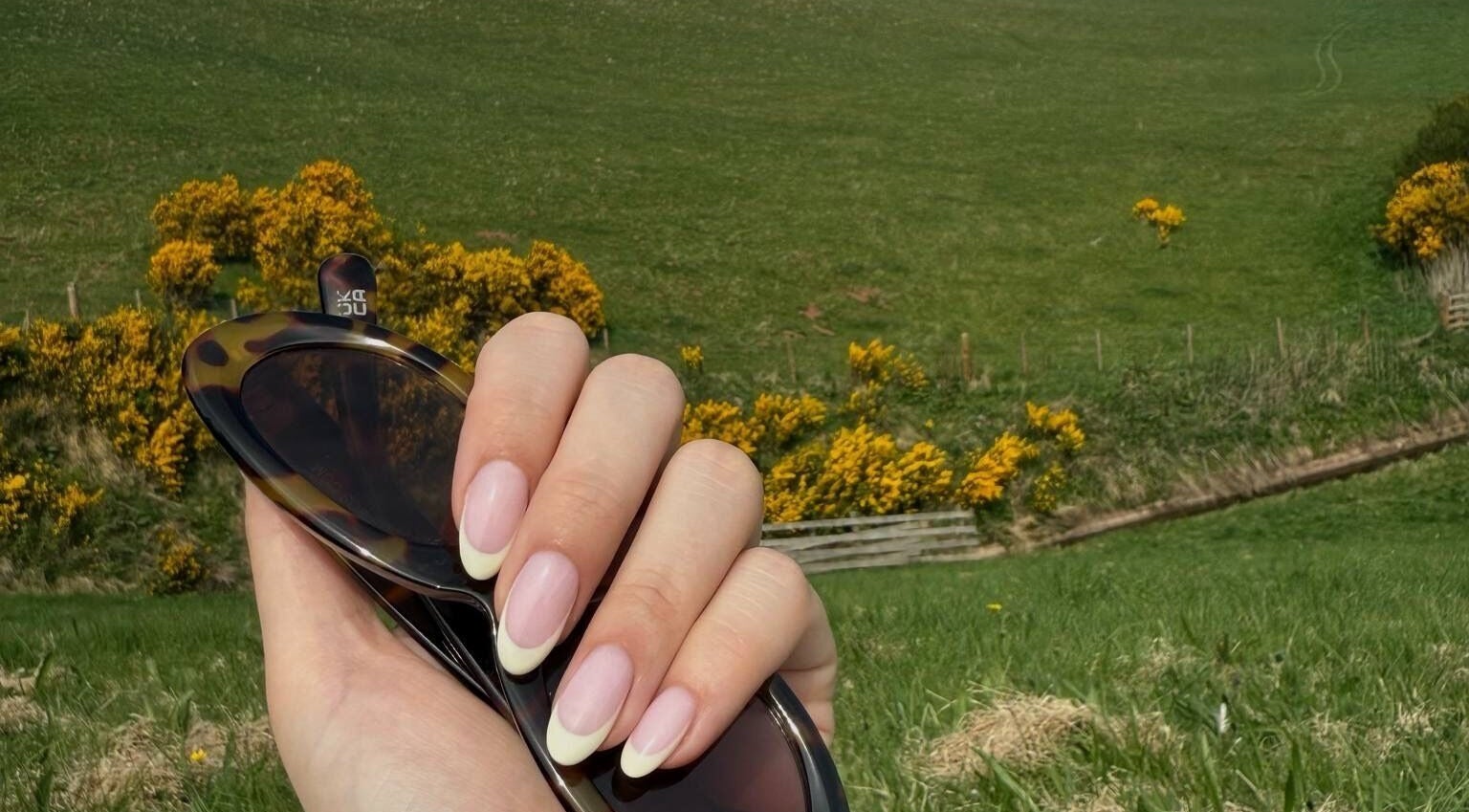 Elegant manicured nails at The Nail Project by Deanna, Penicuik, Scotland, set against a lush green landscape.