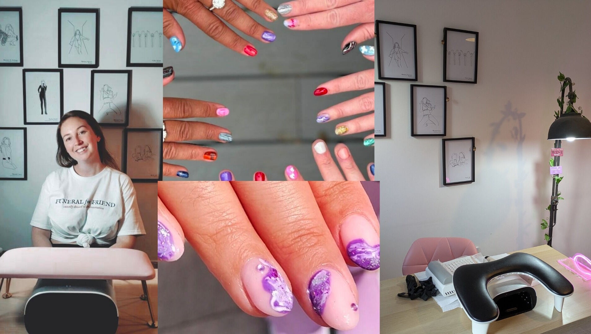 Diverse nail designs at Feud Nails, Cardiff, Wales, GB showcasing vibrant colors and artistic styles.