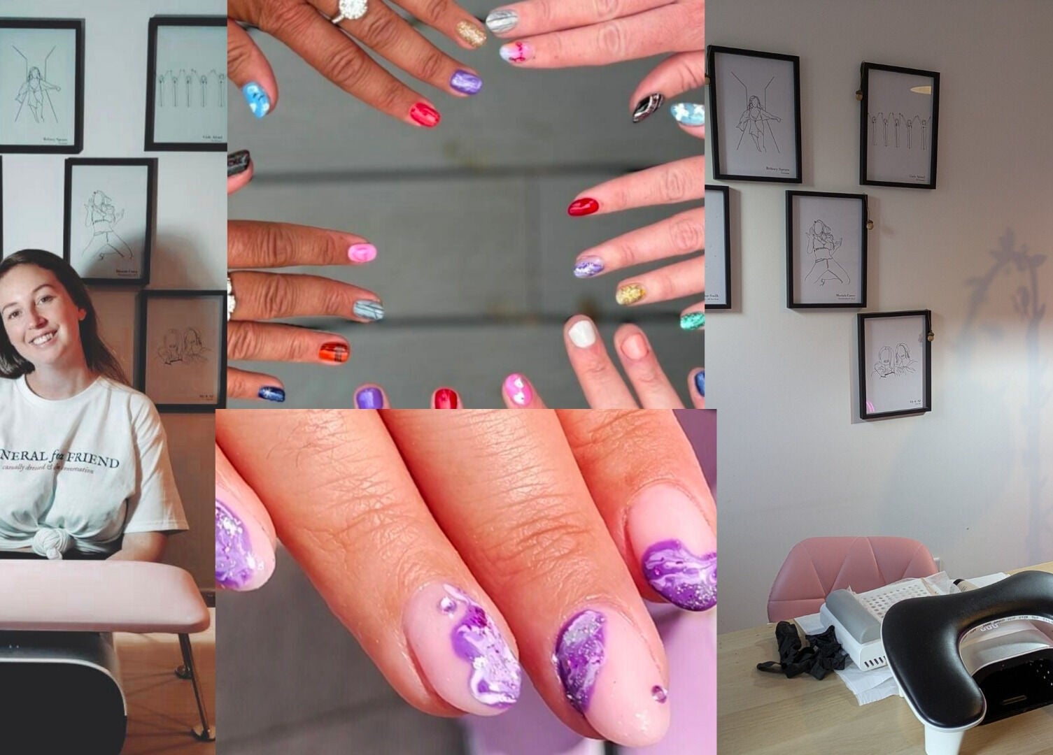 Diverse nail designs at Feud Nails, Cardiff, Wales, GB showcasing vibrant colors and artistic styles.