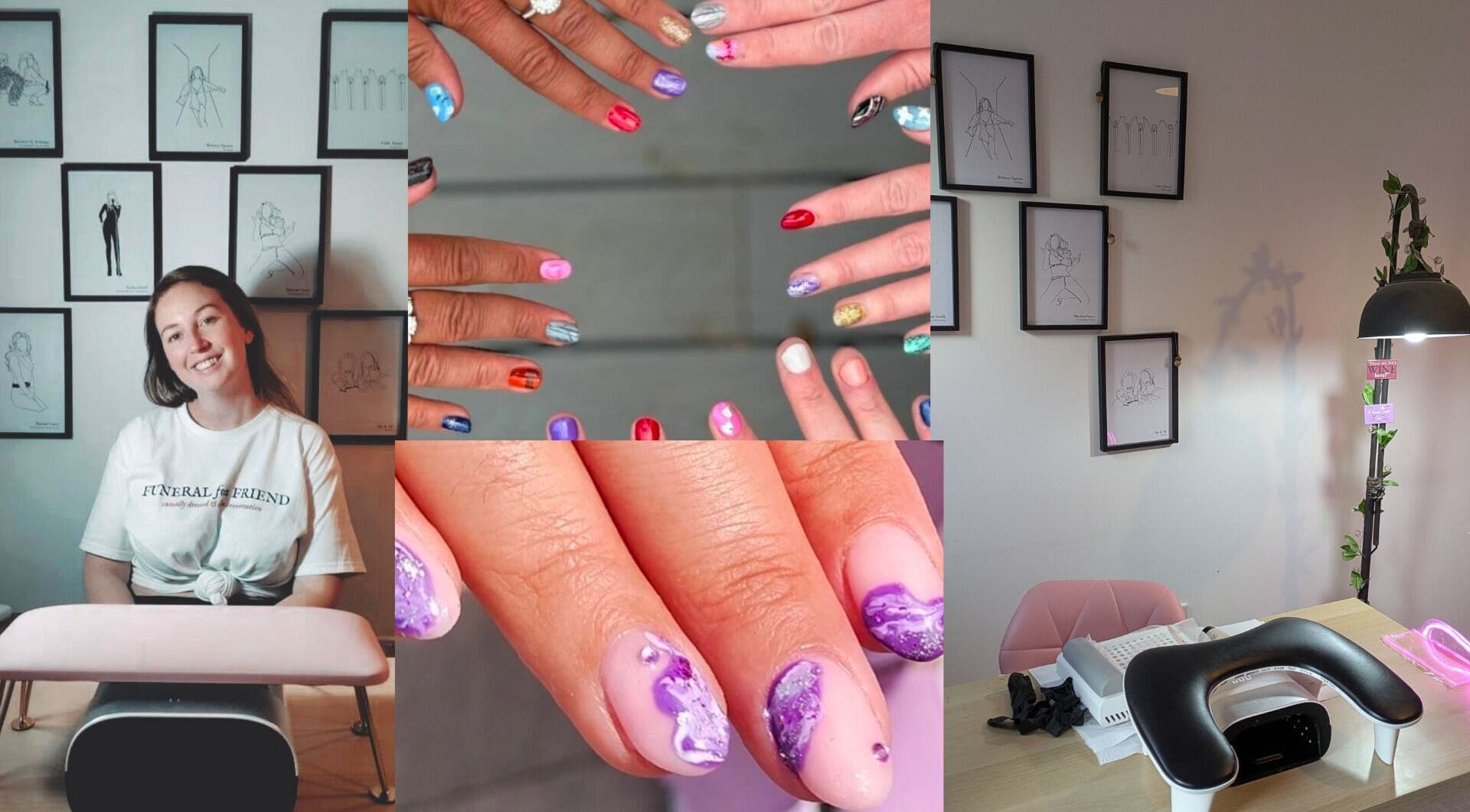 Diverse nail designs at Feud Nails, Cardiff, Wales, GB showcasing vibrant colors and artistic styles.