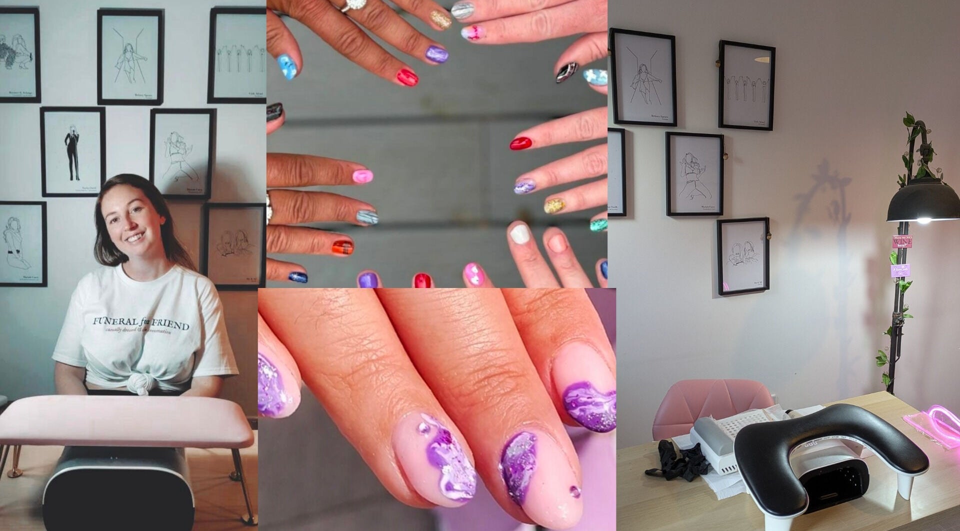 Diverse nail designs at Feud Nails, Cardiff, Wales, GB showcasing vibrant colors and artistic styles.