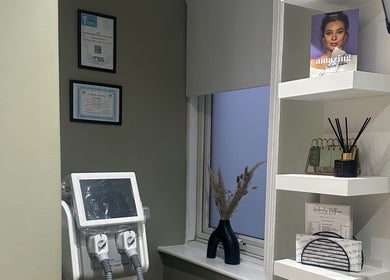 Stylish corner at KN The Brow and Laser Lab, Ossett, England, GB, featuring equipment, decor on shelves.