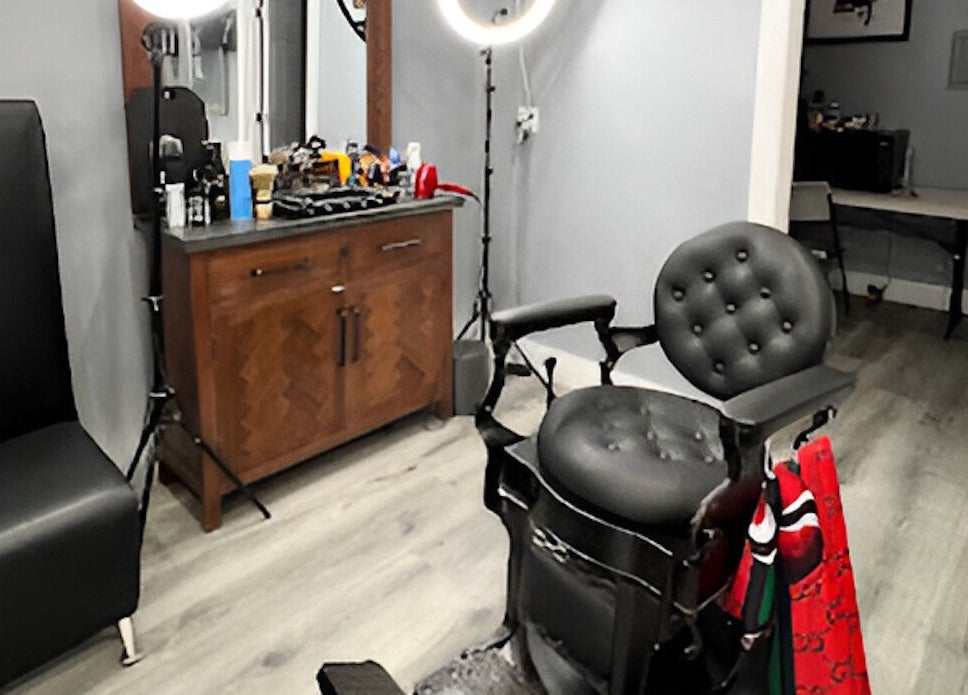 Elegant barber chair and station at HC Shave House, Burbank, California, US.