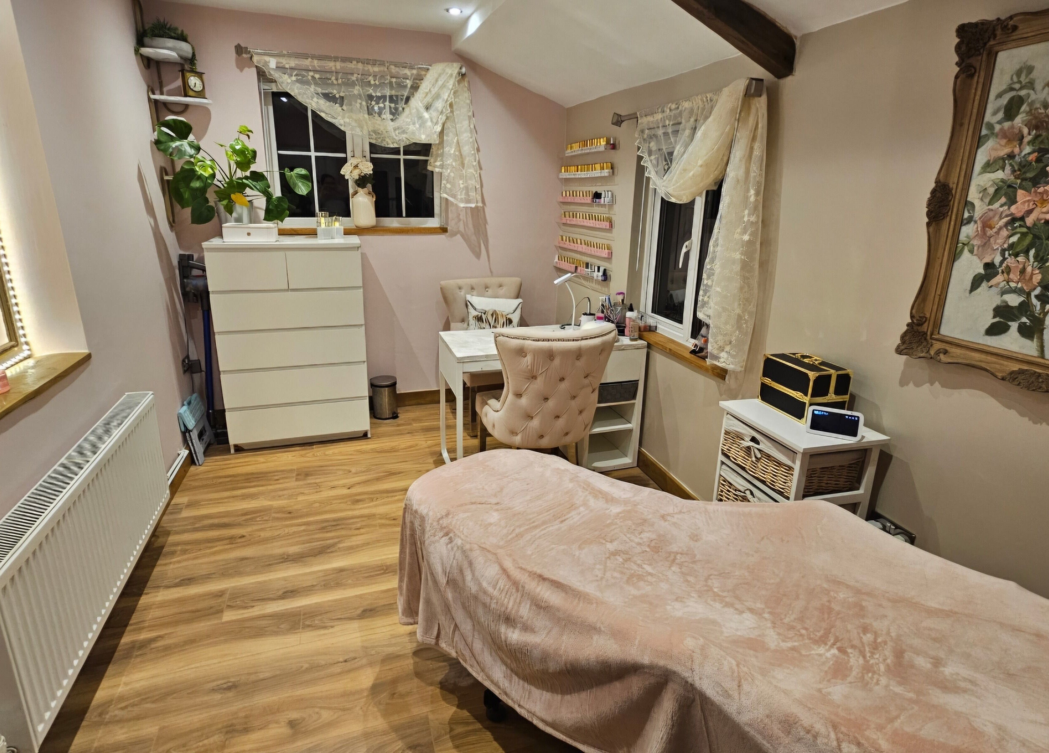 Elegant beauty room at On the Lash, Inwardleigh, United Kingdom, GB with decor and wooden flooring.