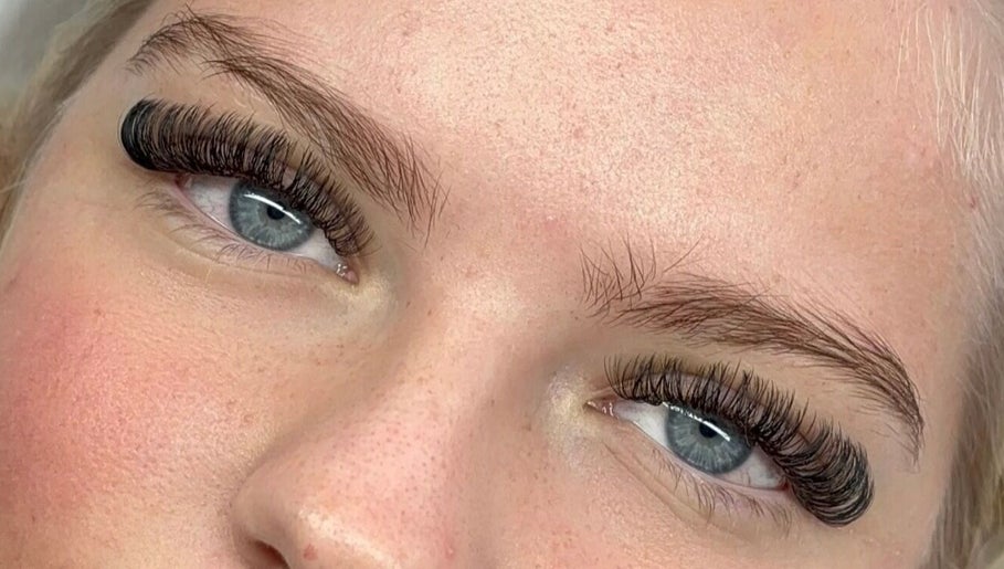 Close-up of eyelash extensions at Lashed Up UK, Portsmouth, England, GB. Lush lashes enhance natural beauty.