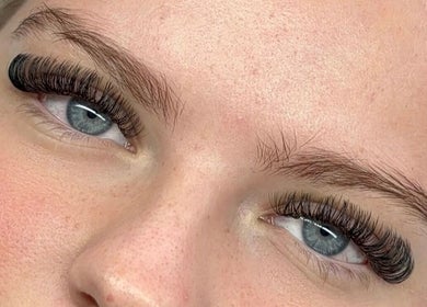 Close-up of eyelash extensions at Lashed Up UK, Portsmouth, England, GB. Lush lashes enhance natural beauty.