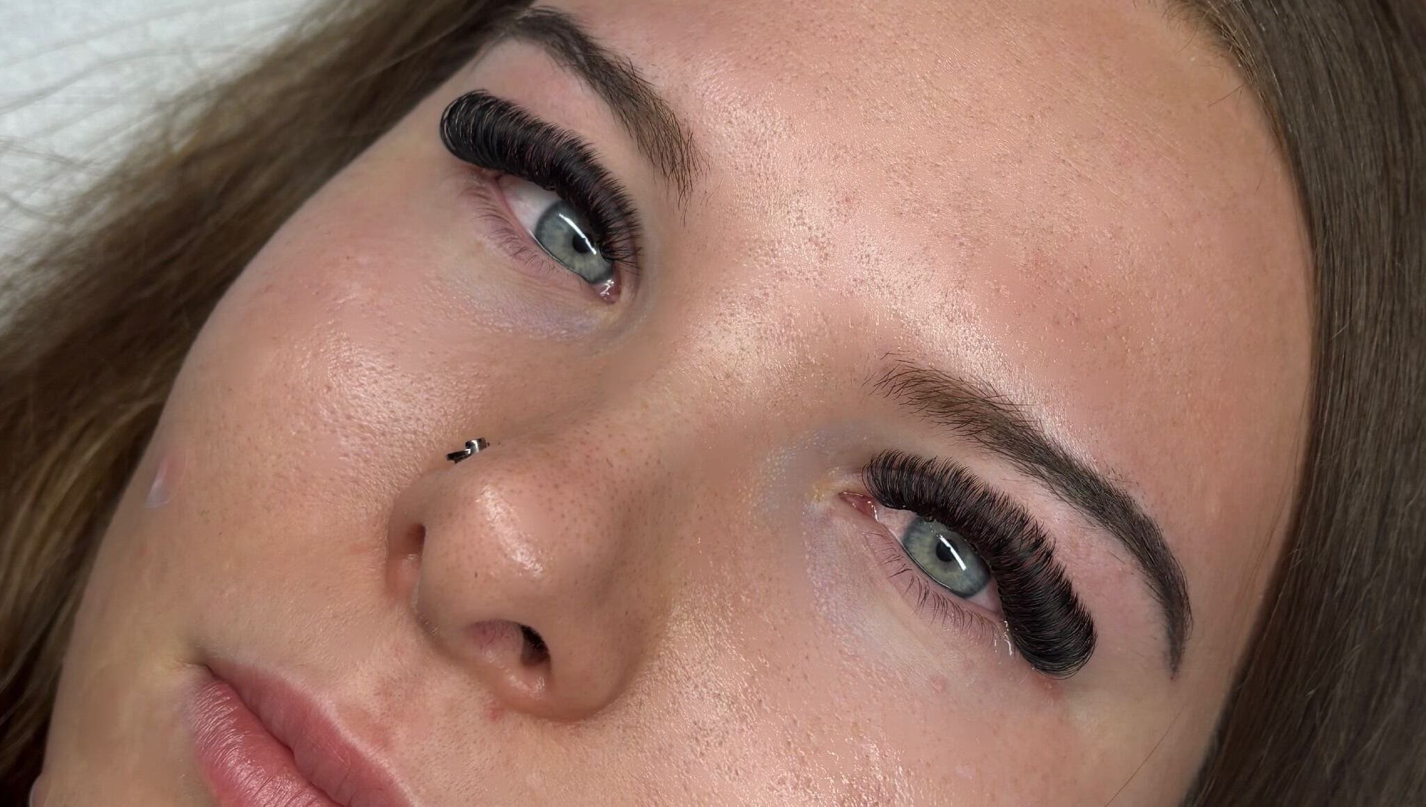 Close-up of expertly applied eyelash extensions at Lashed Up UK, Portsmouth, England, GB.
