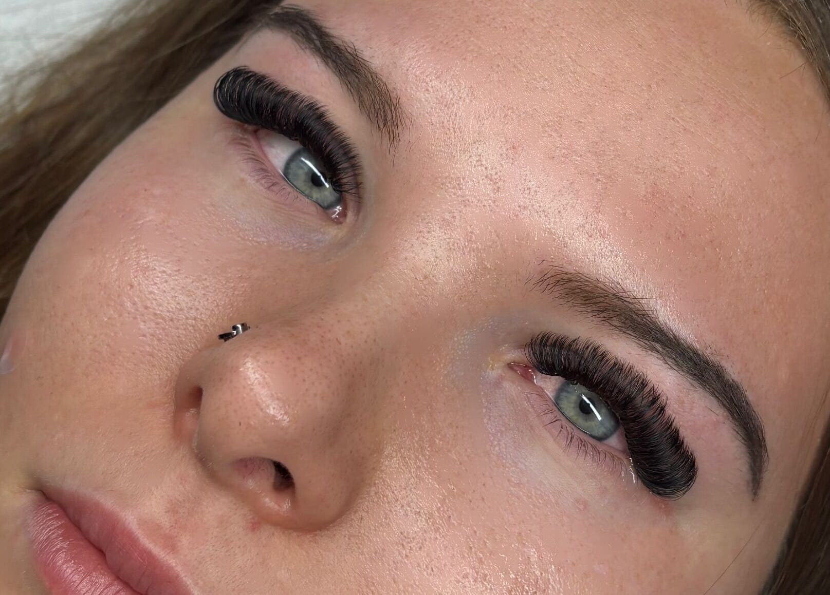 Close-up of expertly applied eyelash extensions at Lashed Up UK, Portsmouth, England, GB.