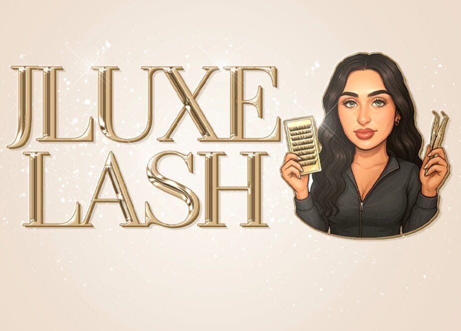JLuxe Lash logo with a woman holding lash tools, Manselton, Wales, GB.