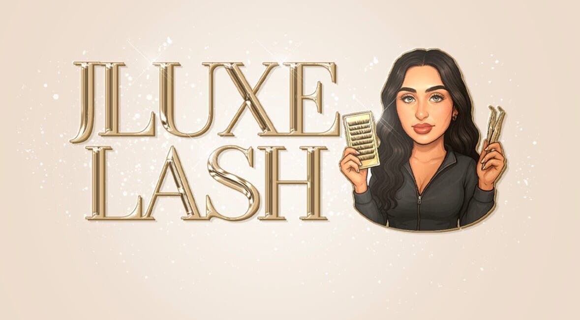 JLuxe Lash logo with a woman holding lash tools, Manselton, Wales, GB.
