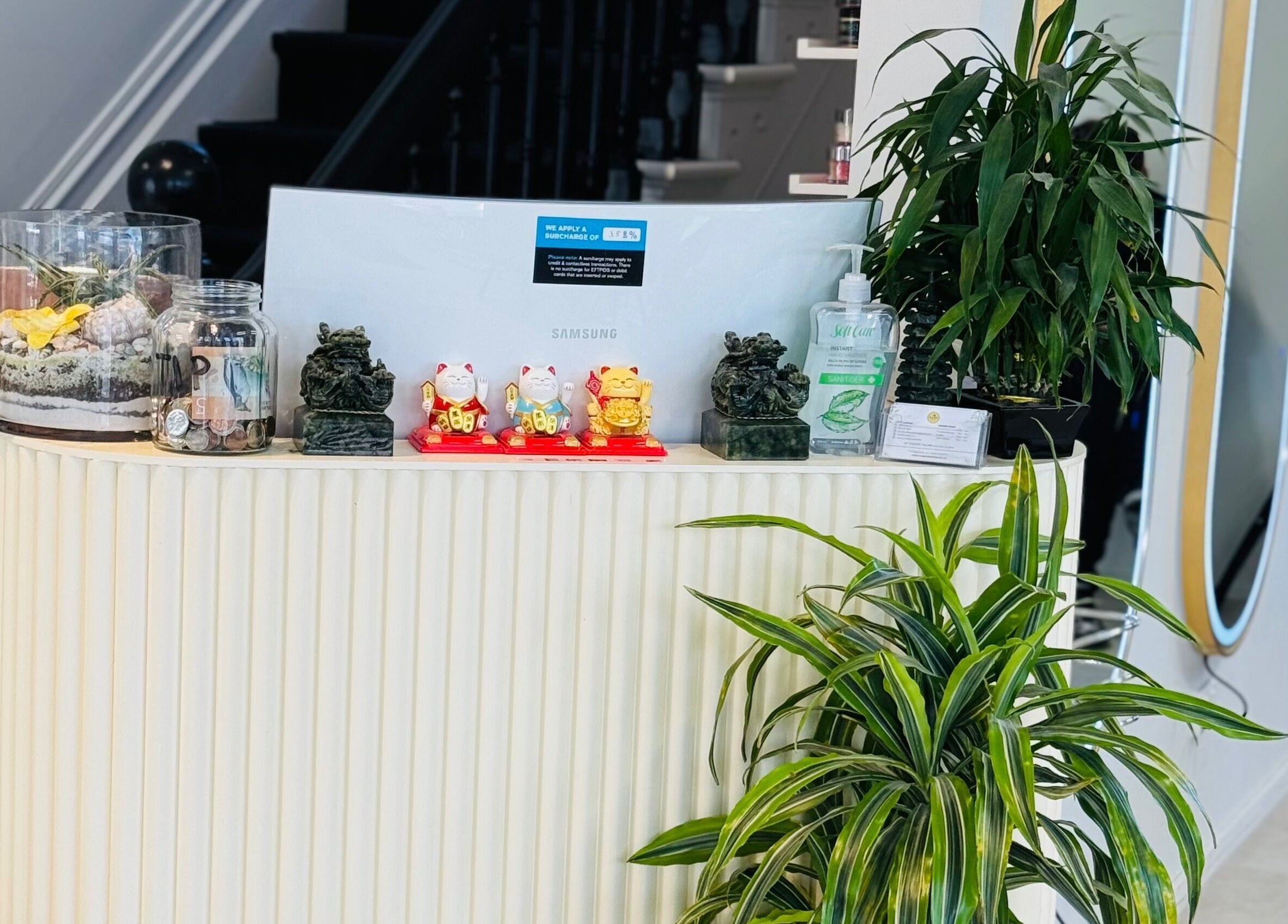 Elegant reception area at ICandy Boutique, Auckland, NZ featuring decor and greenery.