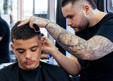 Barber styling customer at 1UP Barbershop Cockburn, Cockburn Central, Western Australia, AU.