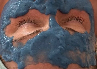 Relaxing blue facial mask at The Happy Skin Technician, Sheffield, England, GB enhances natural beauty.