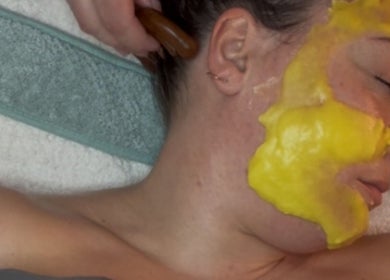 Facial treatment with yellow mask at The Happy Skin Technician, Sheffield, England, GB.