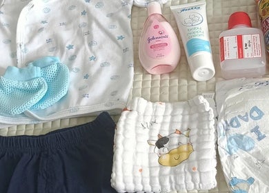 Baby essentials set at Erin Confinement Lady Empire, Semenyih, Selangor, MY featuring clothing and care products.