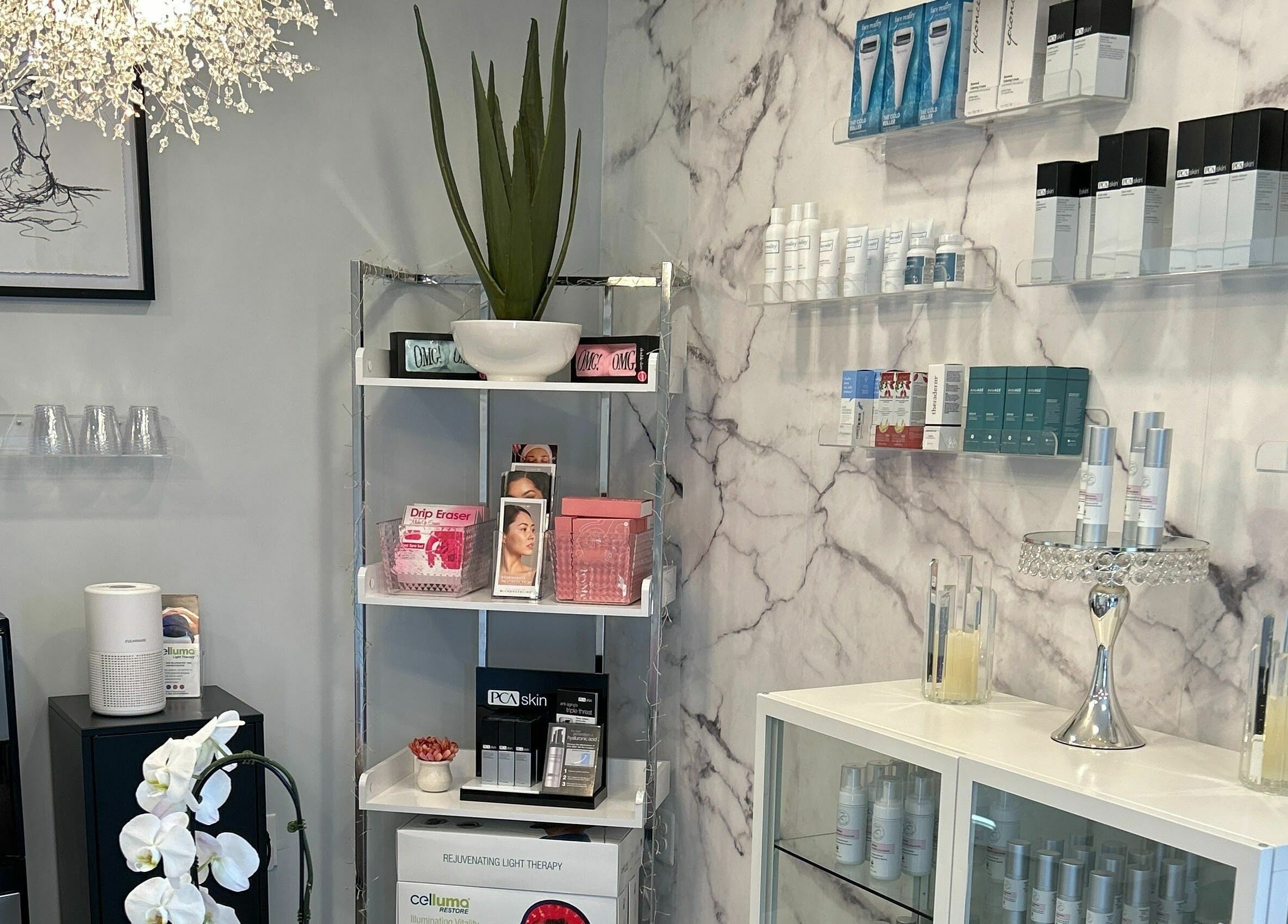 Village Skin Sanctuary in Audubon, Pennsylvania features elegant skincare displays and products.