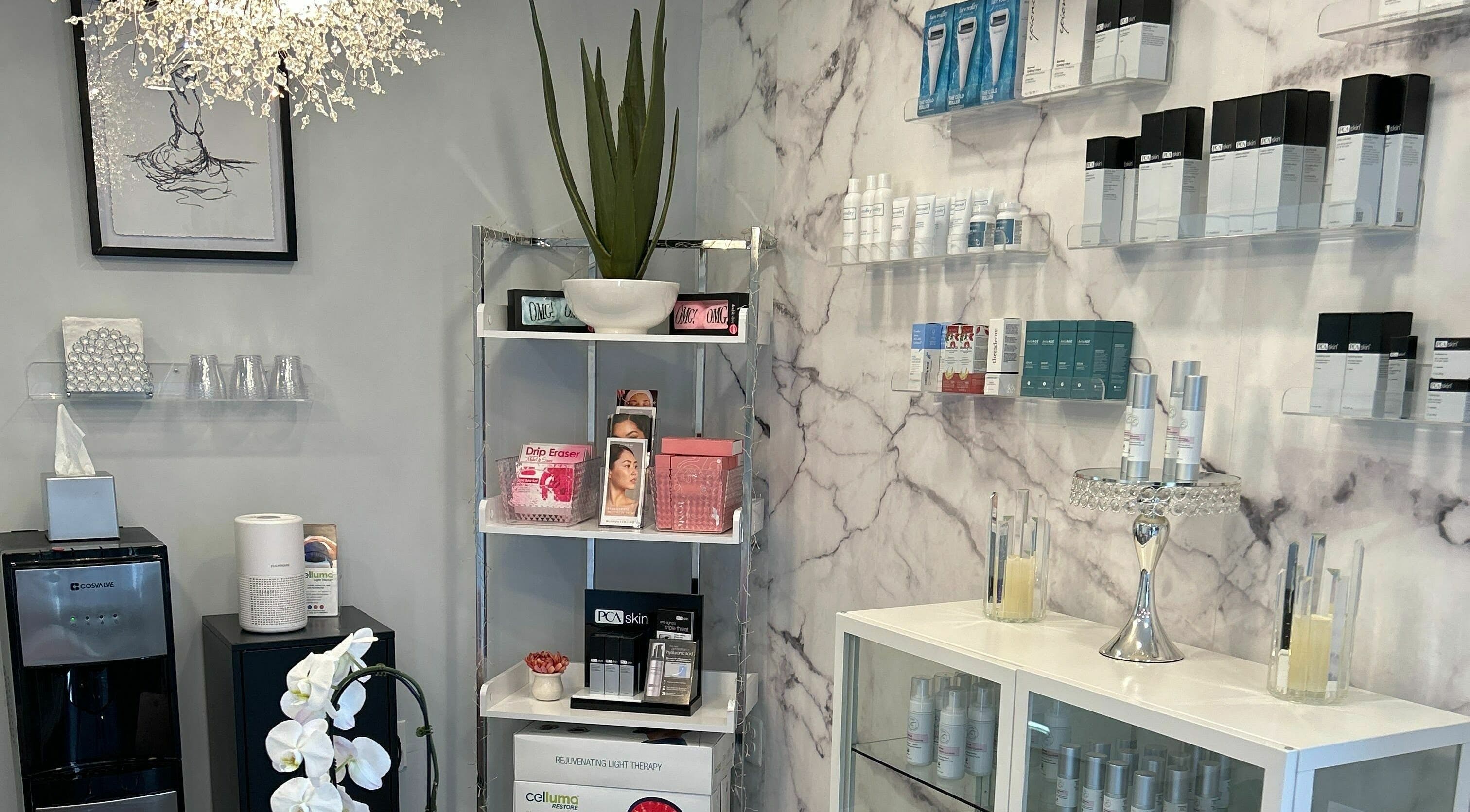 Village Skin Sanctuary in Audubon, Pennsylvania features elegant skincare displays and products.