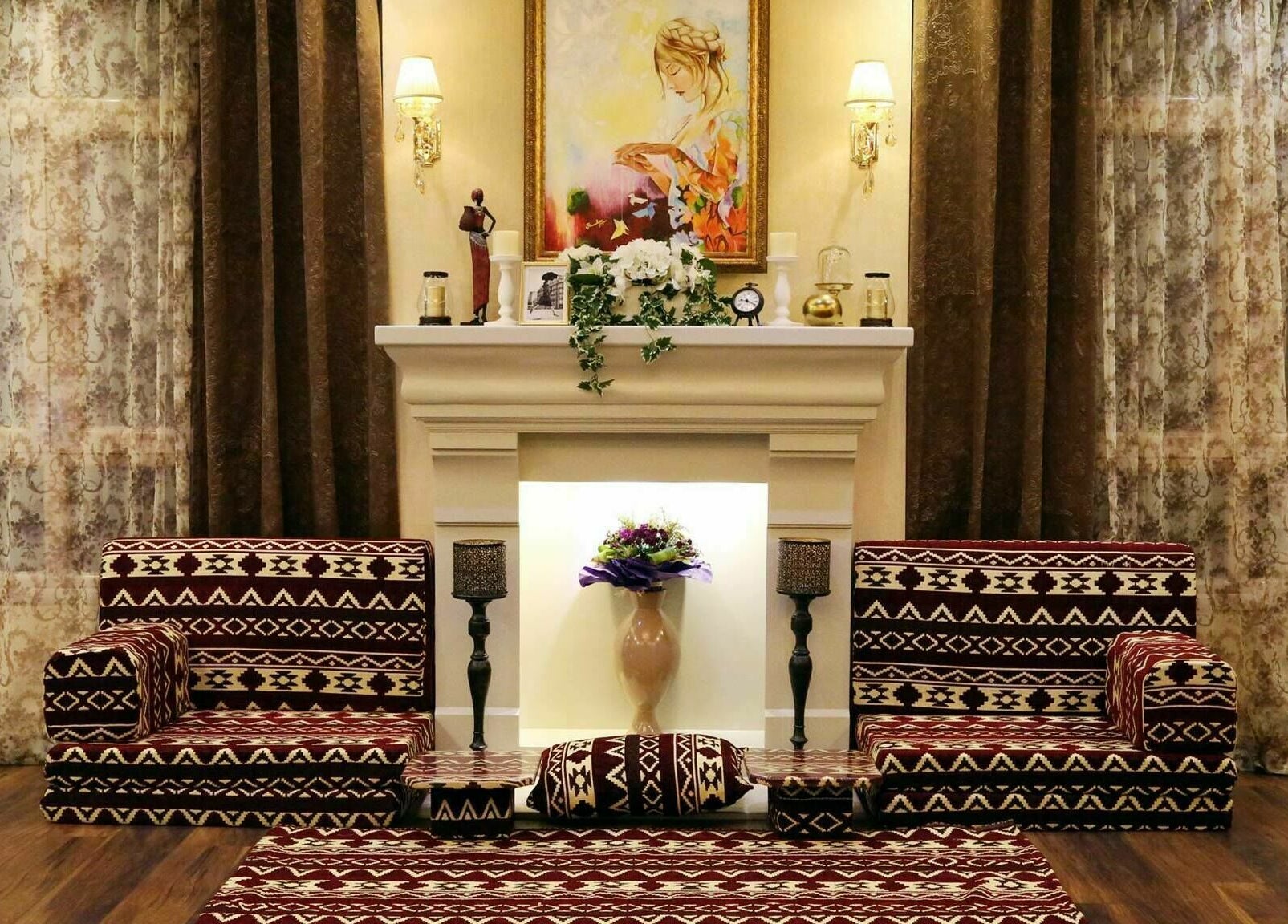 Elegant decor at Odel Salon with patterned seating in Salmiya, Hawalli Governorate, KW.