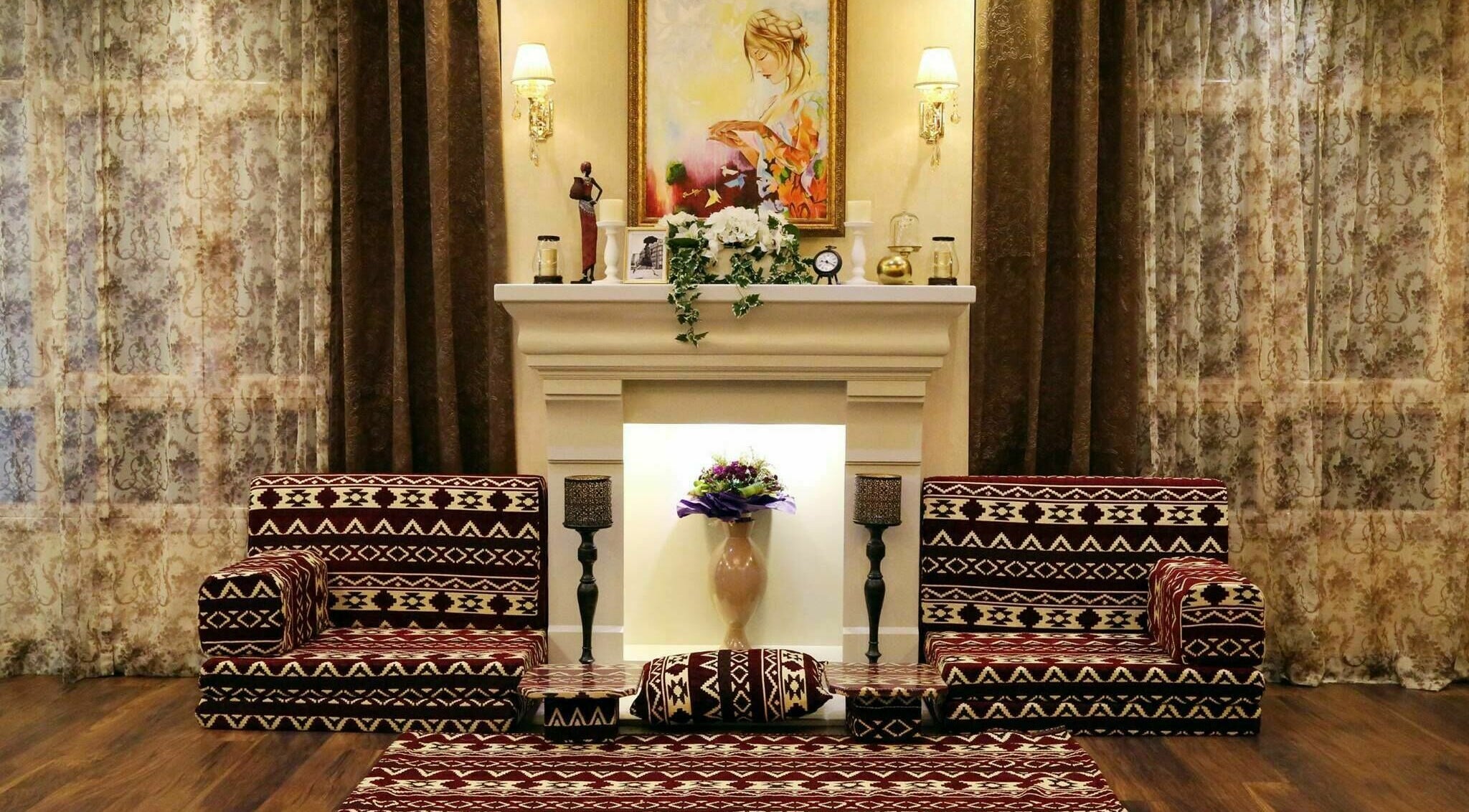 Elegant decor at Odel Salon with patterned seating in Salmiya, Hawalli Governorate, KW.