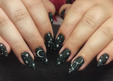 Black Cat Collective cosmic nail art in Port Elizabeth, Eastern Cape, ZA, showcasing stars and constellations.