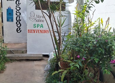 Entrada al Spa María Sabina en Oaxaca De Juárez, Oaxaca, MX, rodeada de plantas verdes.