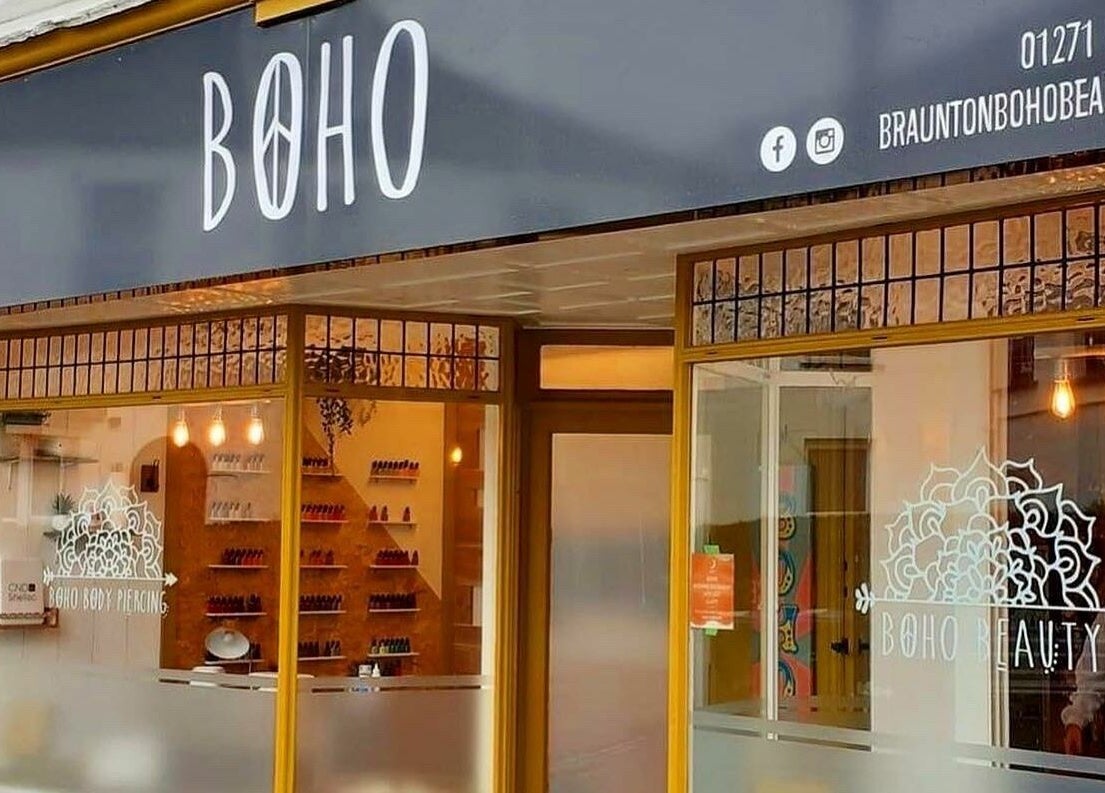 Exterior view of Boho Beauty salon in Braunton, England, GB with stylish signage and inviting decor.