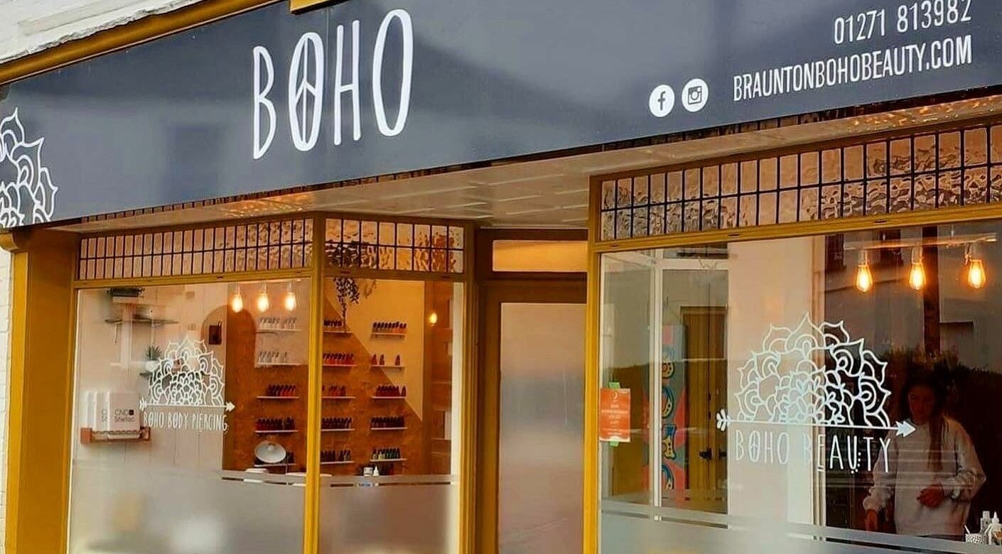 Exterior view of Boho Beauty salon in Braunton, England, GB with stylish signage and inviting decor.