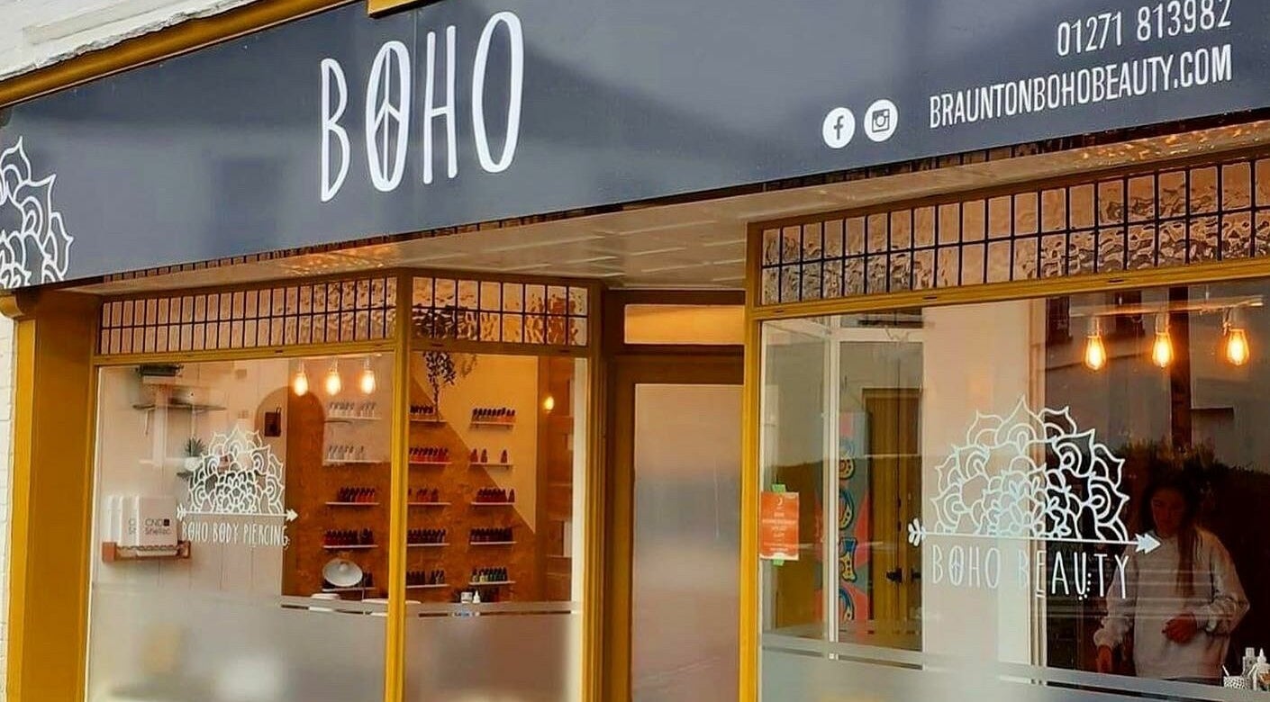 Exterior view of Boho Beauty salon in Braunton, England, GB with stylish signage and inviting decor.