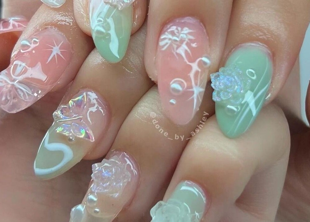 Elegant pastel nail art with 3D details at Studio Ashley, Melbourne, Victoria, AU.
