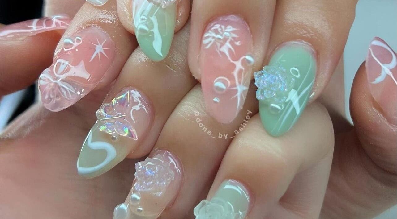 Elegant pastel nail art with 3D details at Studio Ashley, Melbourne, Victoria, AU.